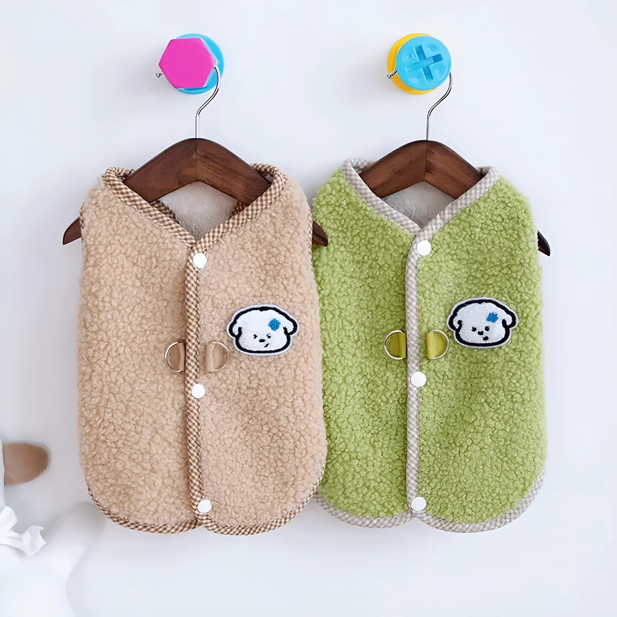 Green thickened coral fleece dog sweatshirt vest with a leash ring on a small dog.
