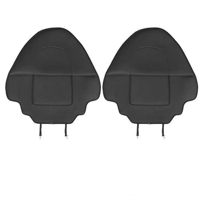 Black leather anti-kick pad for car rear seat protection, showing single pocket.