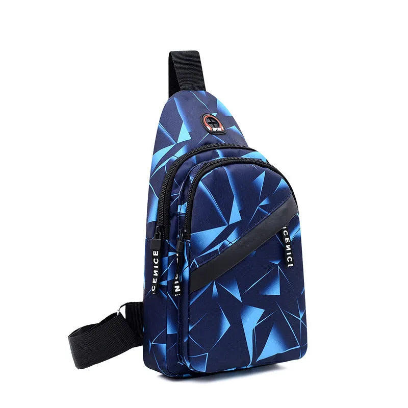 Men's blue crossbody sling bag with earphone hole showing square shape and strap