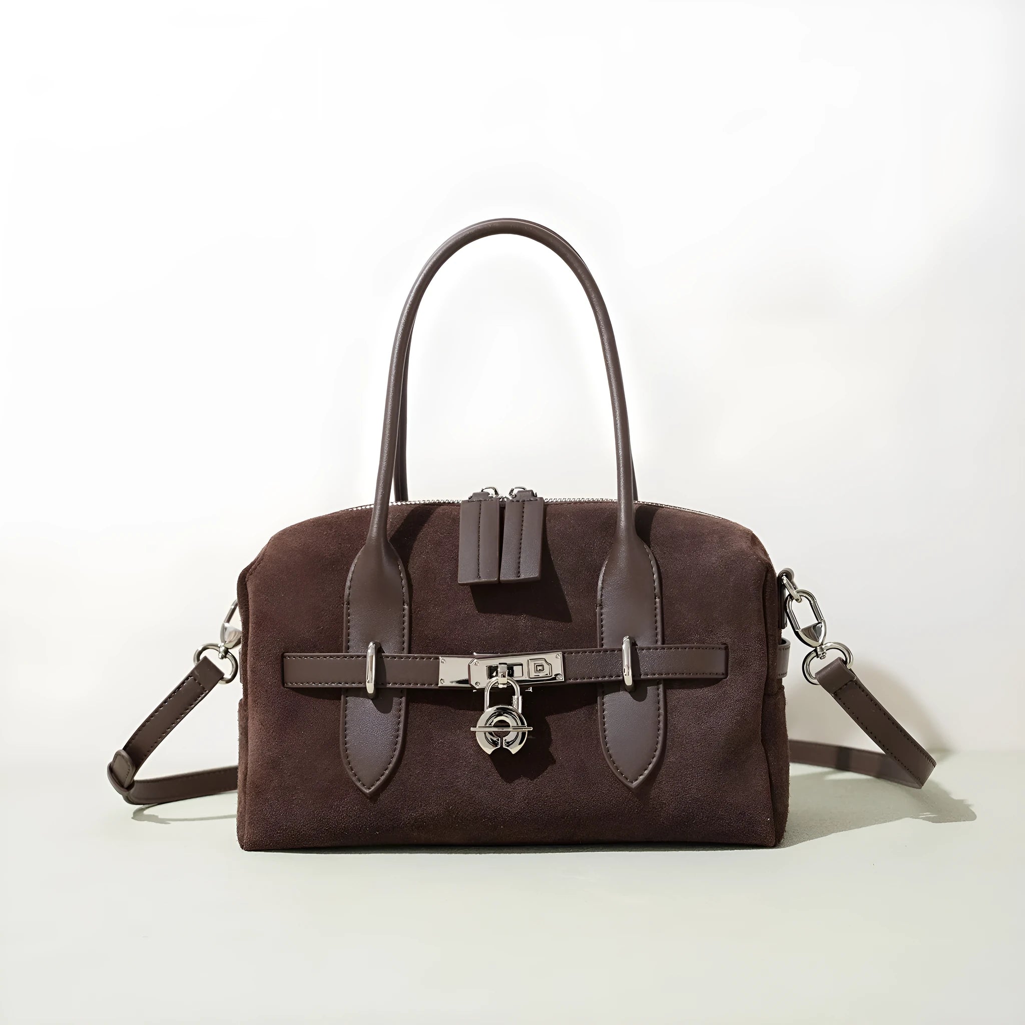 Frosted color-blocking genuine leather shoulder bag in brown with internal document pocket