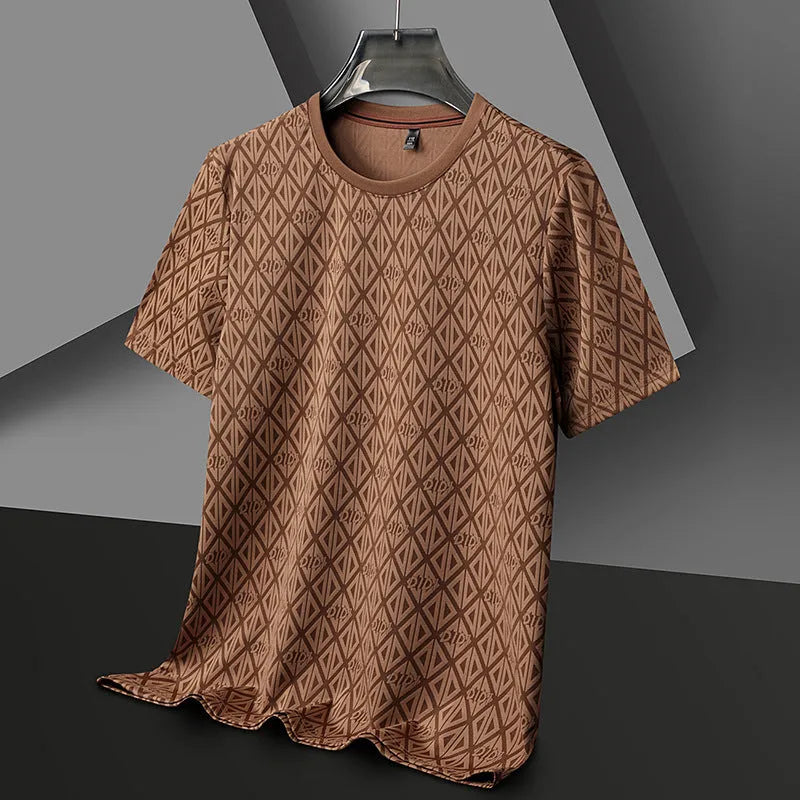 Men's black jacquard pattern short sleeve T-shirt with round neck and loose fit casual design