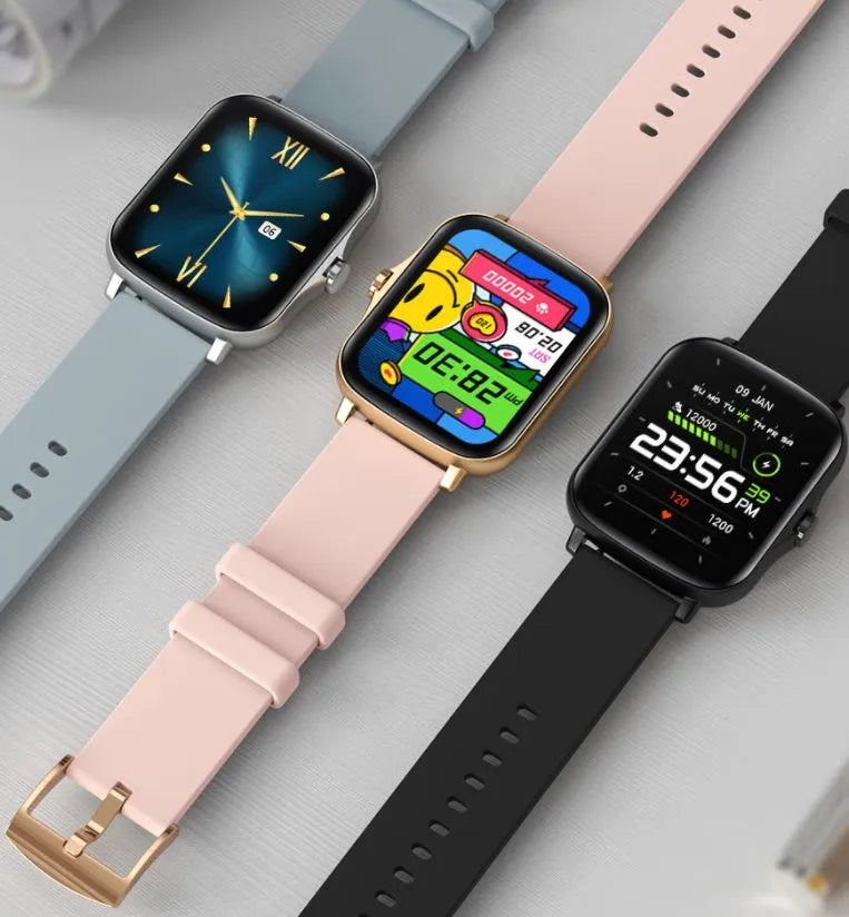 Smart watch with 1.7-inch colour touch screen on adjustable silicone strap in blue, black, or gold