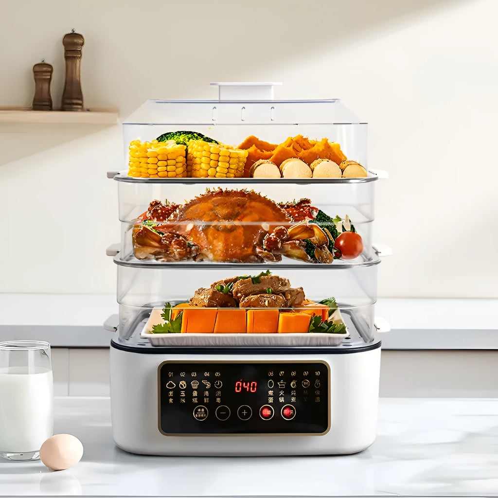 Stainless steel electric steamer with 28-litre capacity and steaming rack