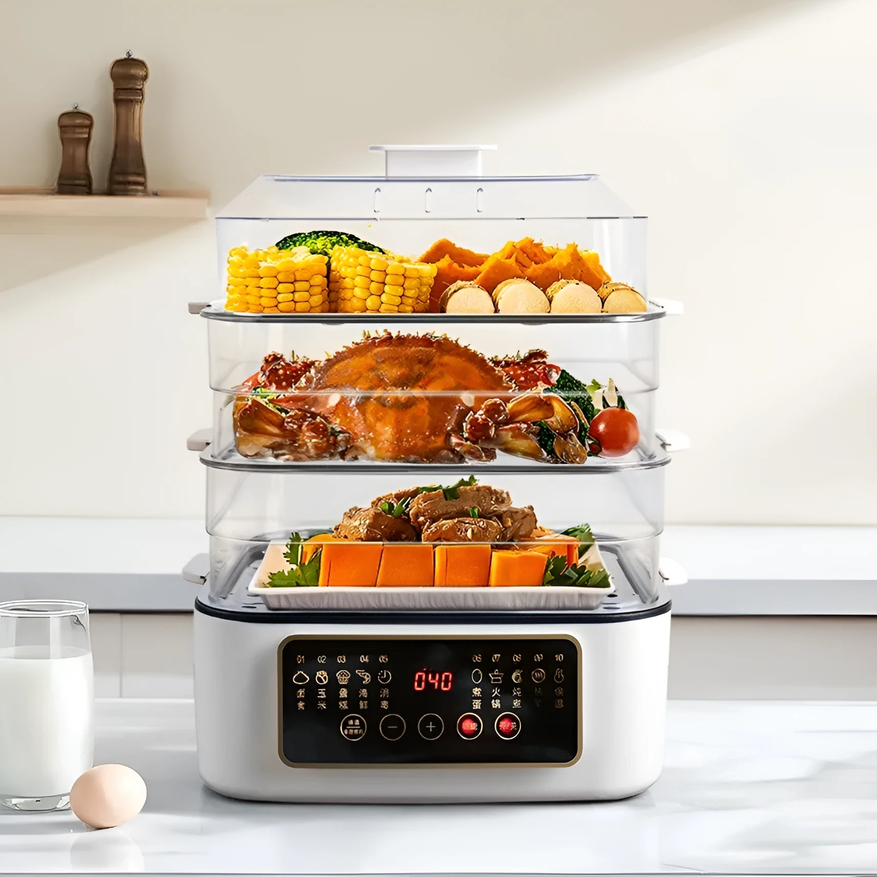 Stainless steel electric steamer with 28-litre capacity and steaming rack