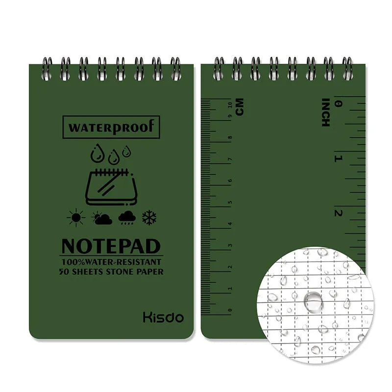 Waterproof spiral-bound notepad with polypropylene cover and stone paper pages in camouflage design