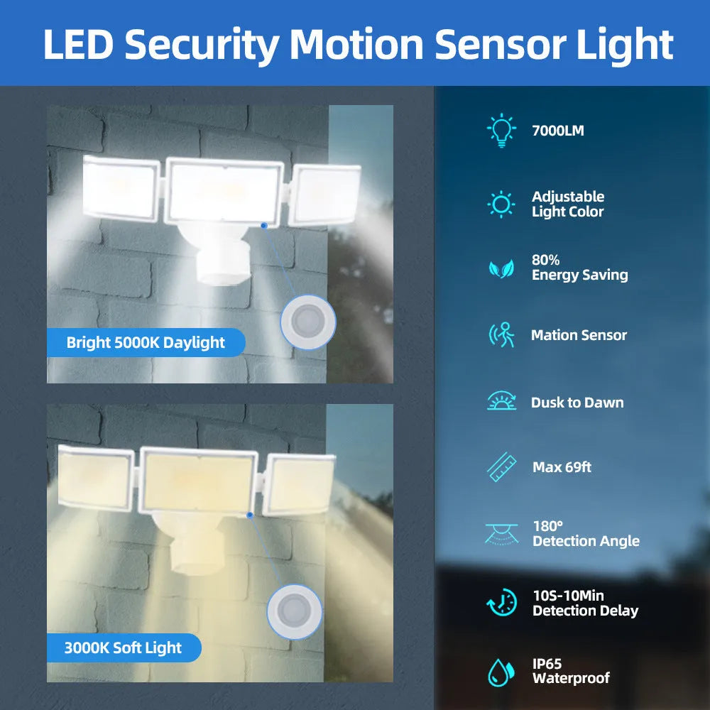 White LED security flood light with motion sensor for wall mounting, showing wide-angle detection.