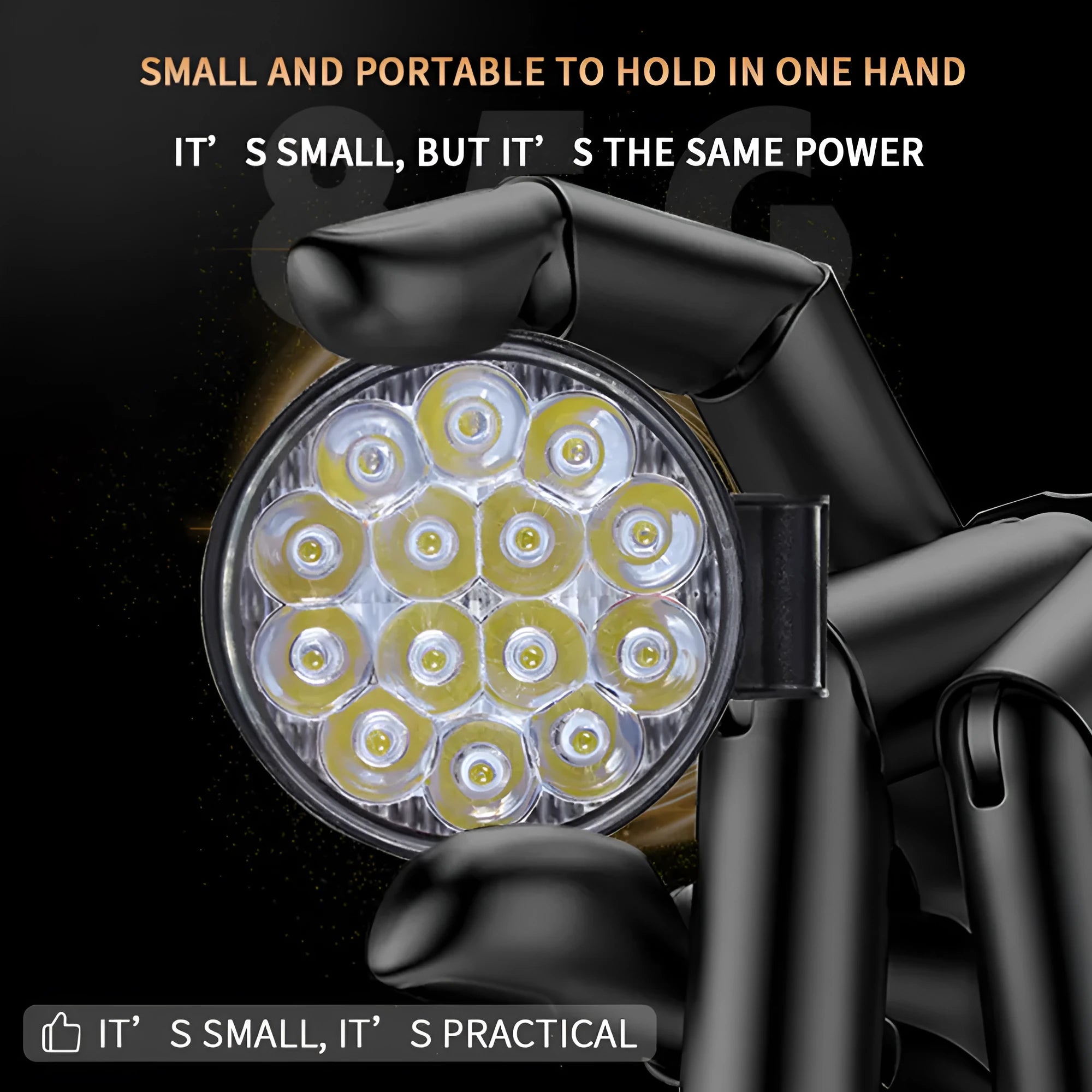 White mini round LED work light with aluminium housing, mounted as an auxiliary car or truck light.