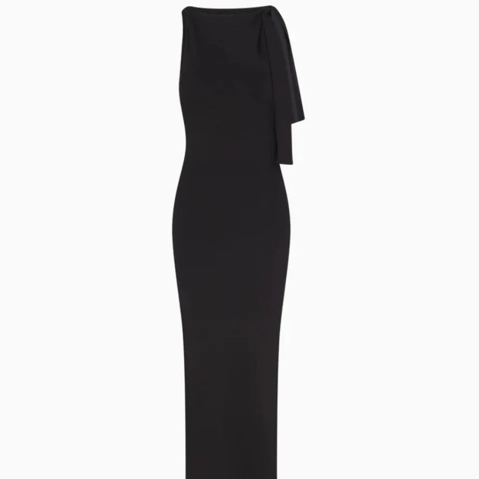 White sloping shoulder high-waist long dress with fold detail from front view
