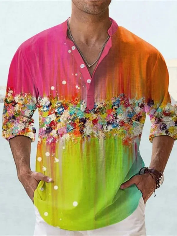Short sleeve bamboo hemp pullover shirt with striped pattern and long sleeves.