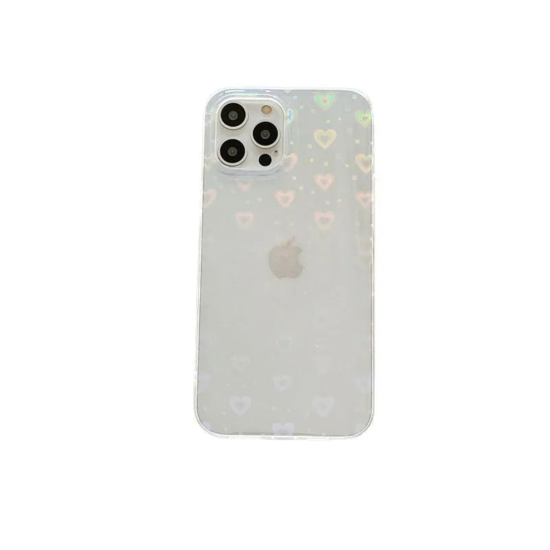 Transparent silicone iPhone case with laser-etched Love design shown on iPhone model