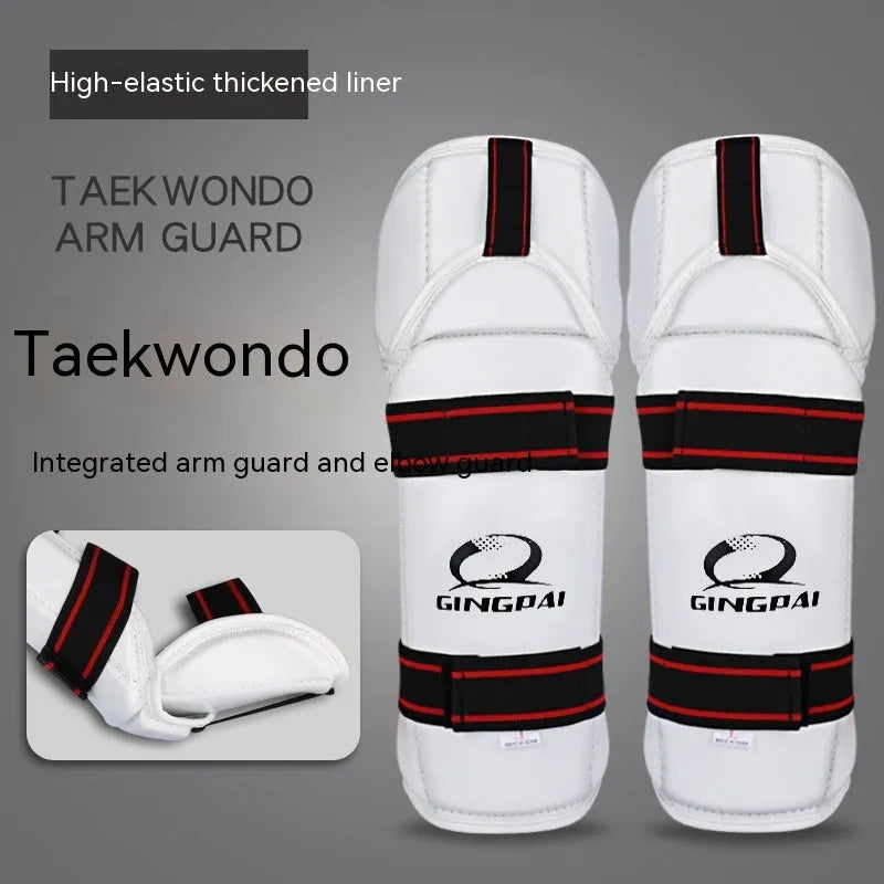 Taekwondo protective gear set showing arm guard, elbow arm guard, and leg protector made from black PU EVA foam.