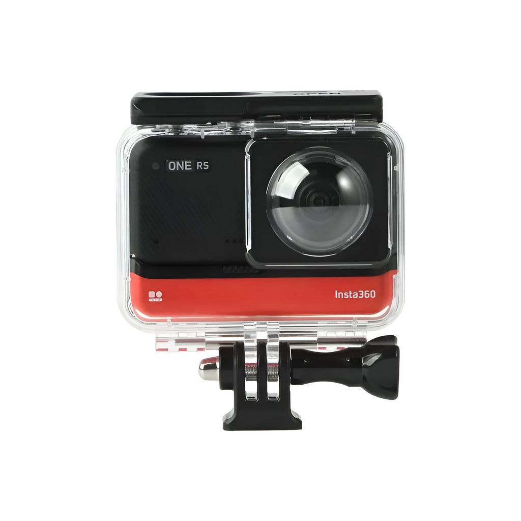 Transparent waterproof housing for Insta360 One RS camera showing dimensions 9x8x4.5cm