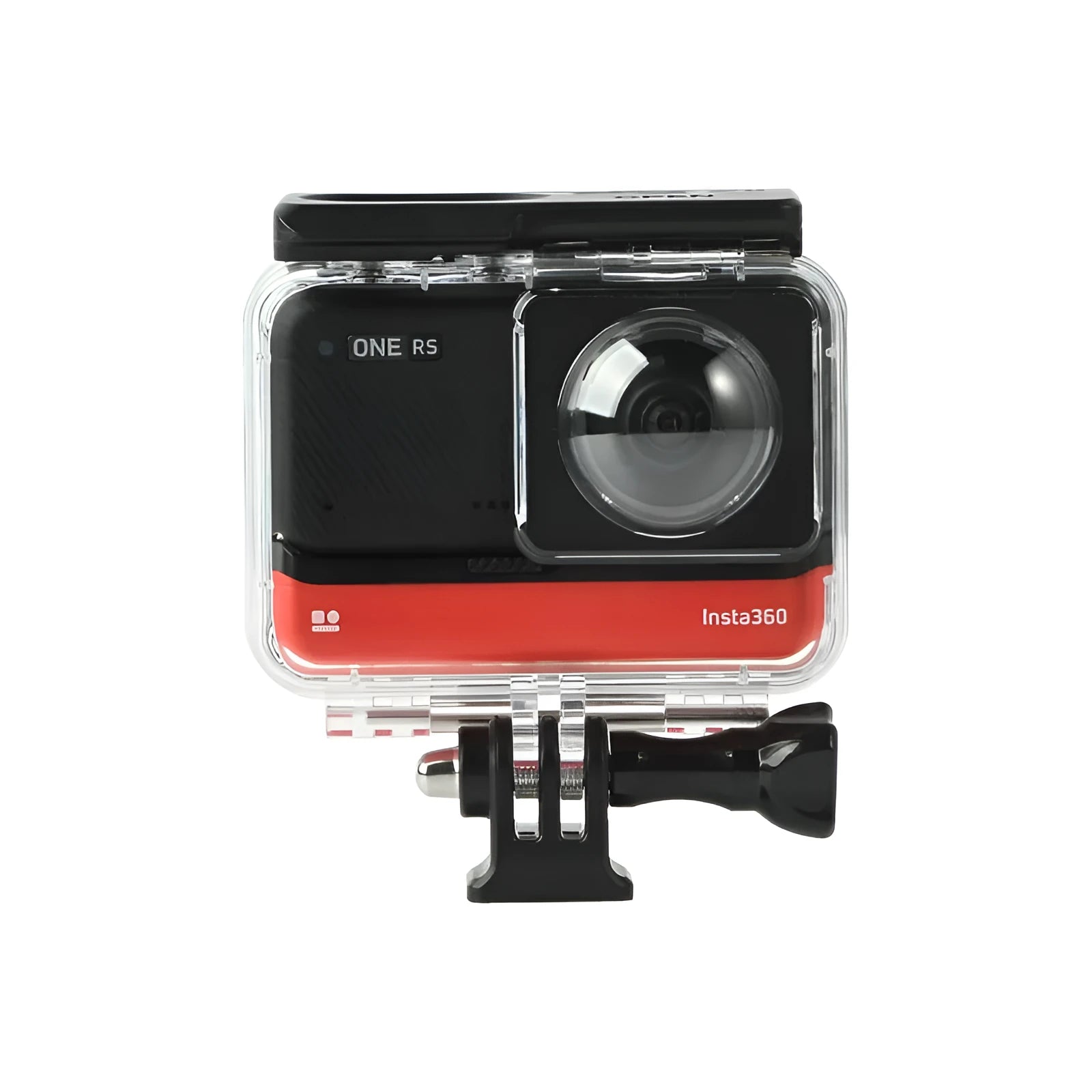 Transparent waterproof housing for Insta360 One RS camera showing dimensions 9x8x4.5cm