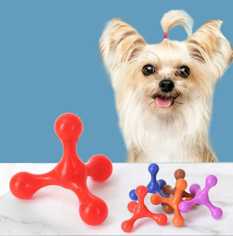 Blue three-legged silicone chew toy for small dogs on white background