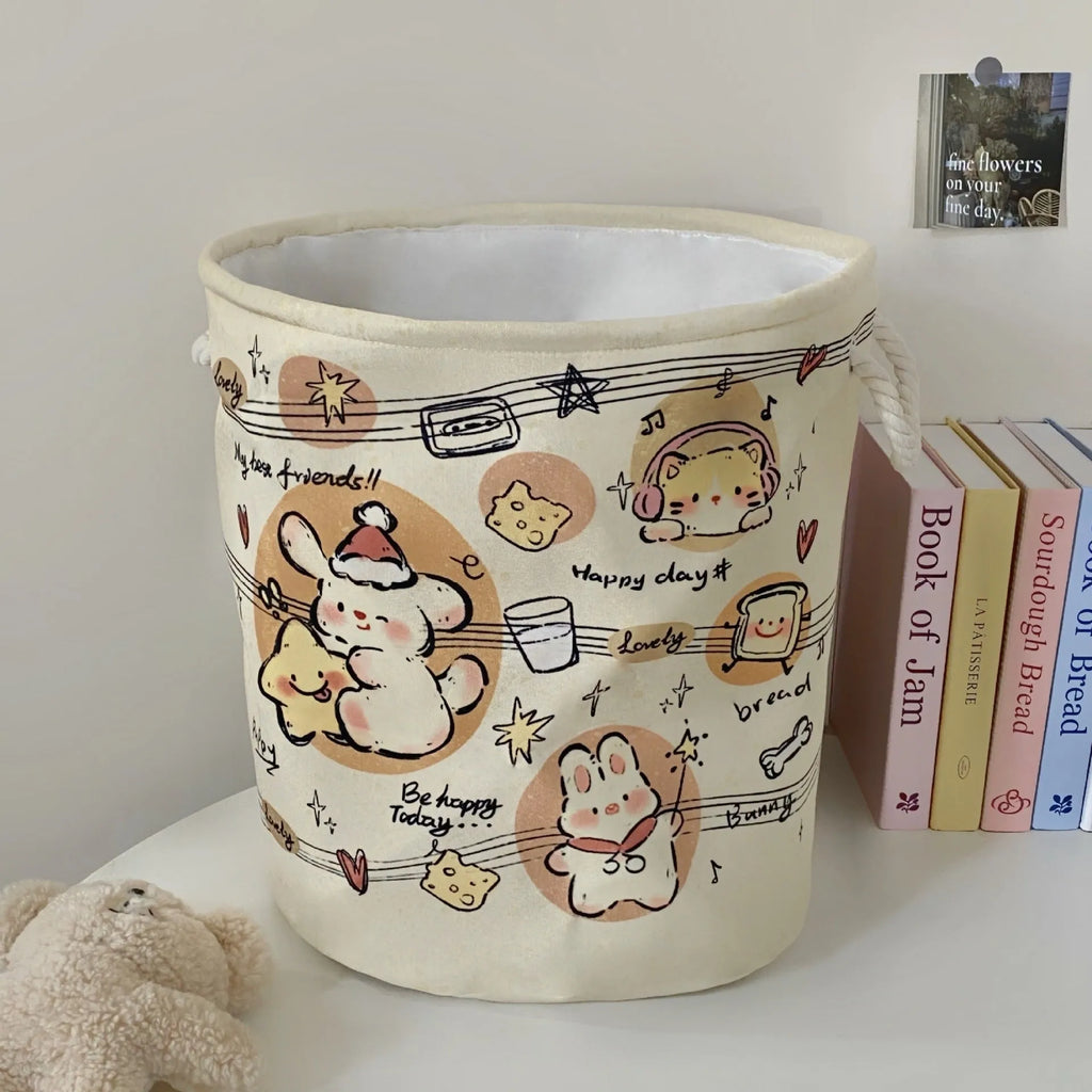 Foldable cotton laundry basket in decorative pattern options including Good Night Bear and Mint Green Western Highland
