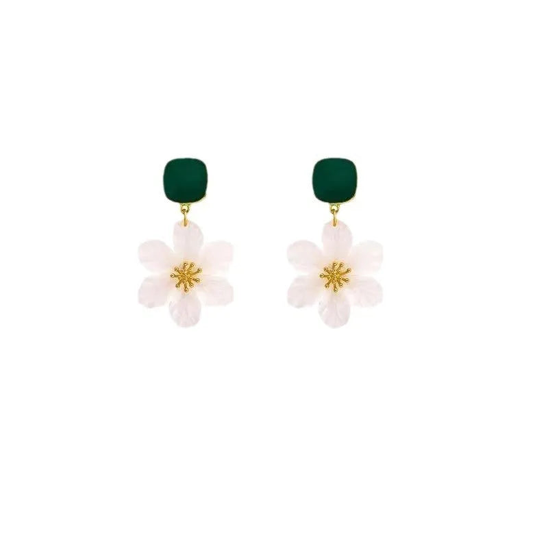 Dark green floral drop earrings with sterling silver accents and needle flowers design for women