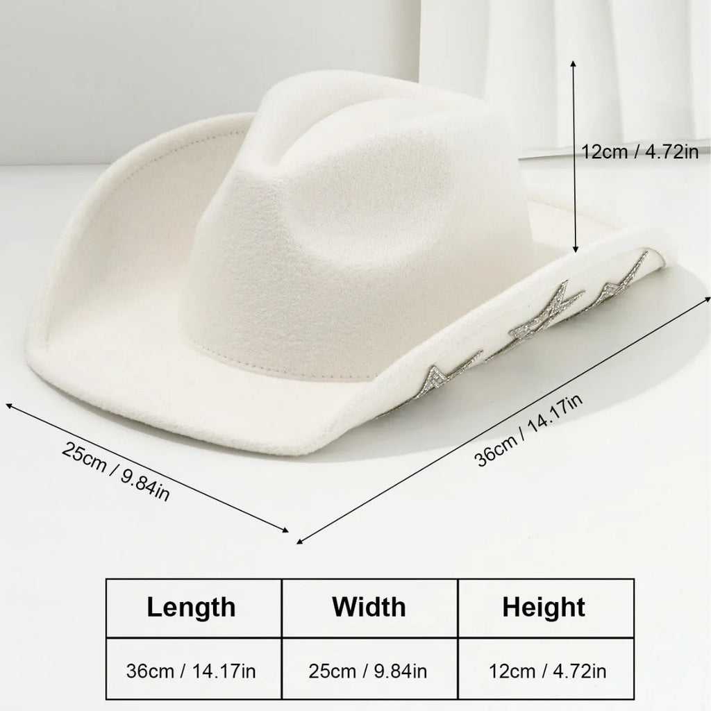 Polyester felt Western denim top hat with conical crown and hexagonal star detail in beige colour