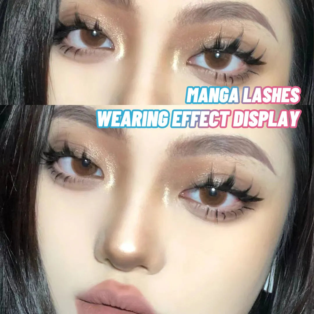 Set of manga anime style false eyelashes showing three styles 007, 008, 009 on a plastic black terrier band.
