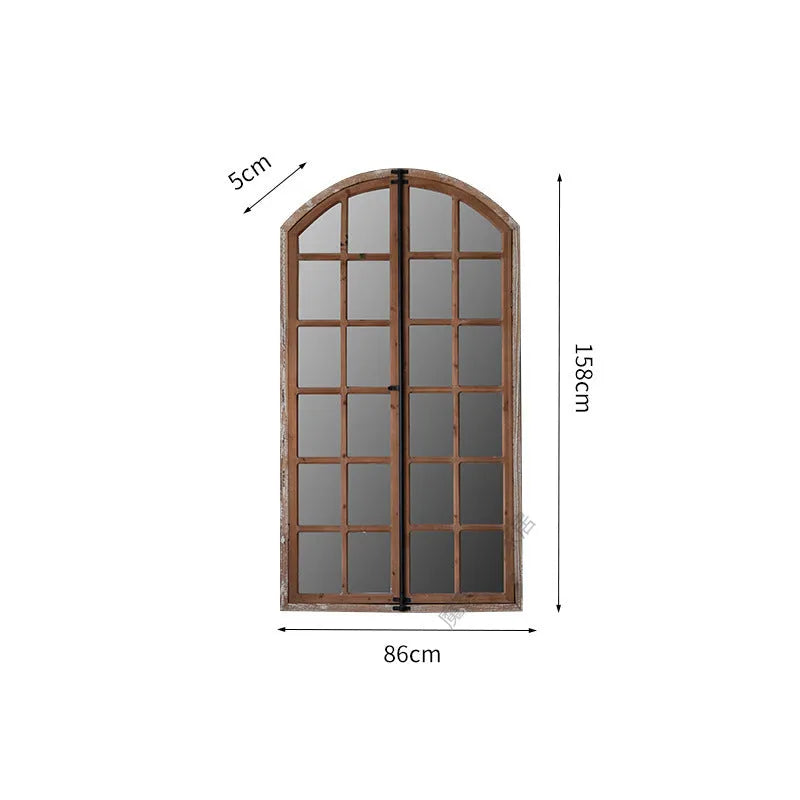 Terrace Distressed Fake Window Wall Mirror in log colour with wooden glass panel