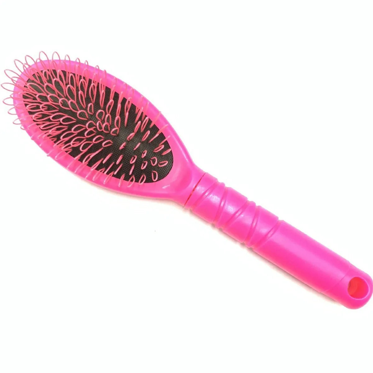 Black ring tooth airbag comb for hair extensions on pink background showing dimensions
