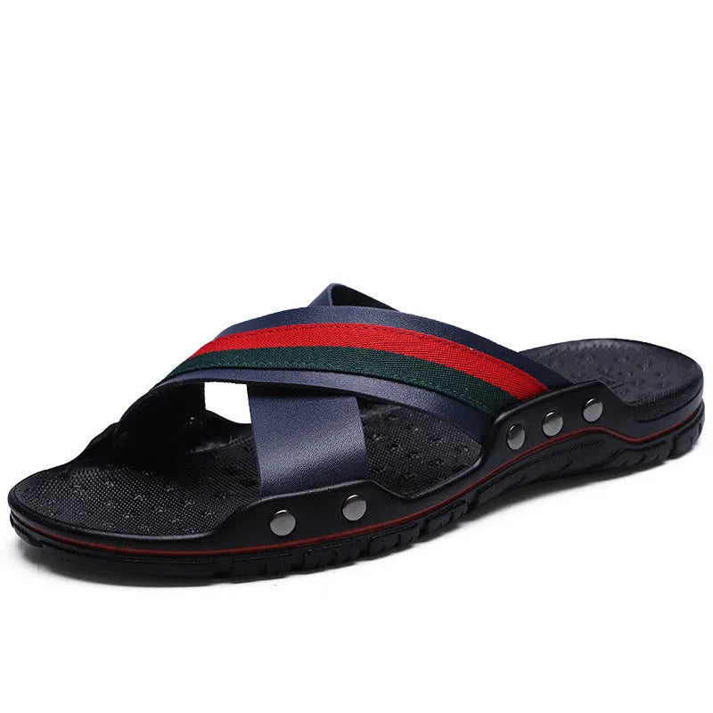 Men's white cowhide leather flip-flop beach shoes with non-slip PU soles.