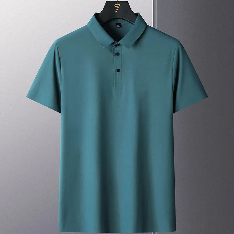 Men's solid colour short sleeve non-ironing business shirt on a hanger.