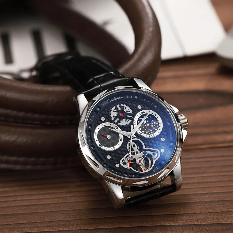 Men's black and white automatic business watch with luminous hands and waterproof construction