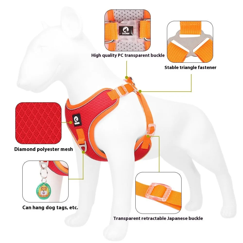Breathable mesh dog harness with reflective piping and adjustable leash in red colour