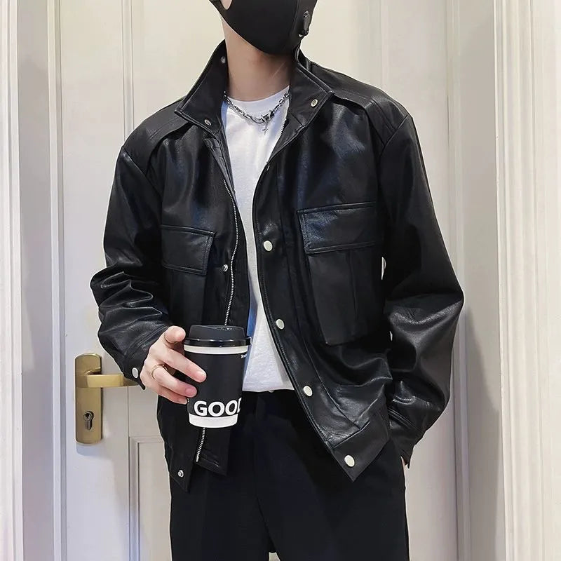 Men's black PU leather pilot jacket with Korean styling and side seam pockets