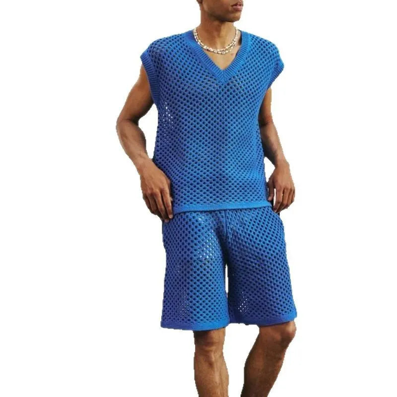 Men's blue knitted V-neck vest and matching shorts sports suit set on hanger