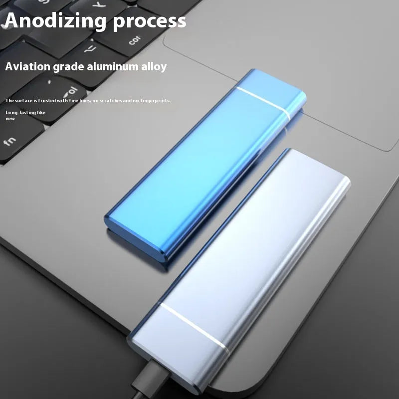 Portable metal external hard disk in Sapphire Blue with USB cable for computer and phone storage expansion