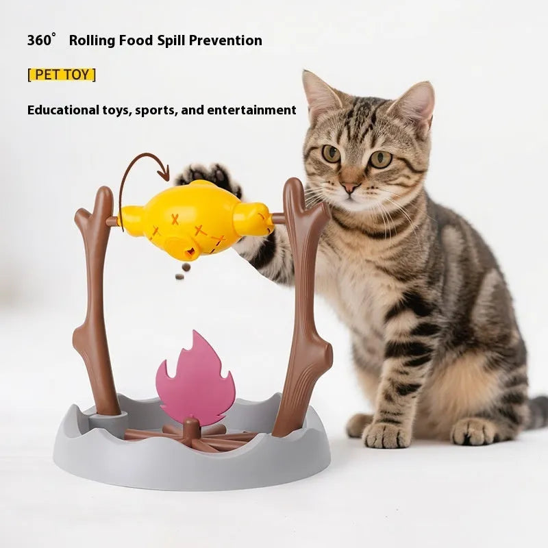 Barbecue themed plastic cat food tumbling feeder for interactive play and slow feeding