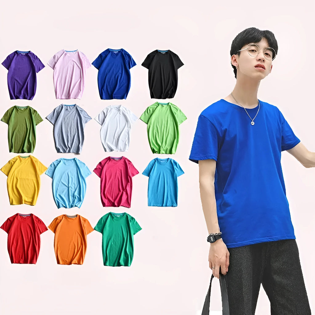 Men's solid colour round neck cotton t-shirt on a hanger, showing short sleeves and casual fit.