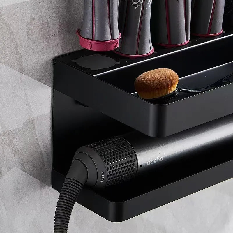 White punch-free double layer bathroom storage rack holding Marcel wavers and hair styling tools