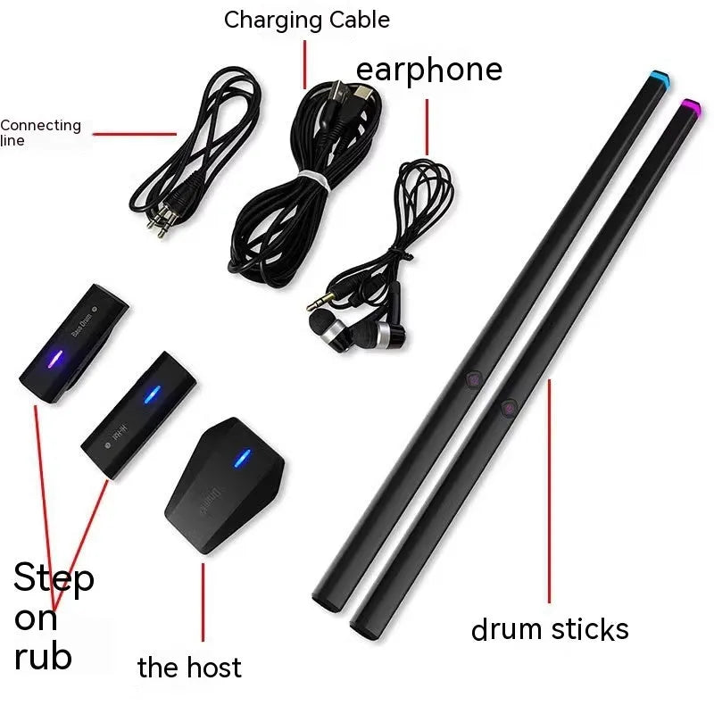 Black somatosensory air drum kit with wireless drumsticks and LED lighting effects