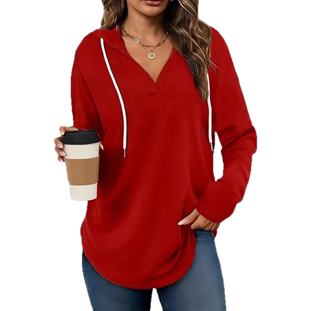 Red women's loose fit hooded V-neck sweatshirt on a hanger