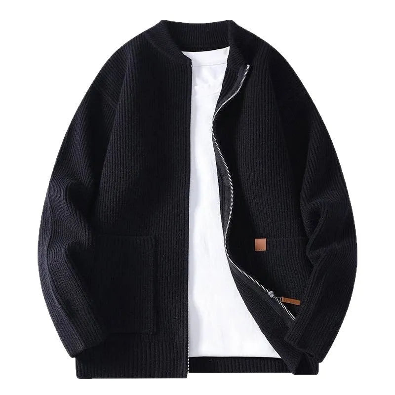 Man wearing a beige and black striped straight fit sweater cardigan jacket.
