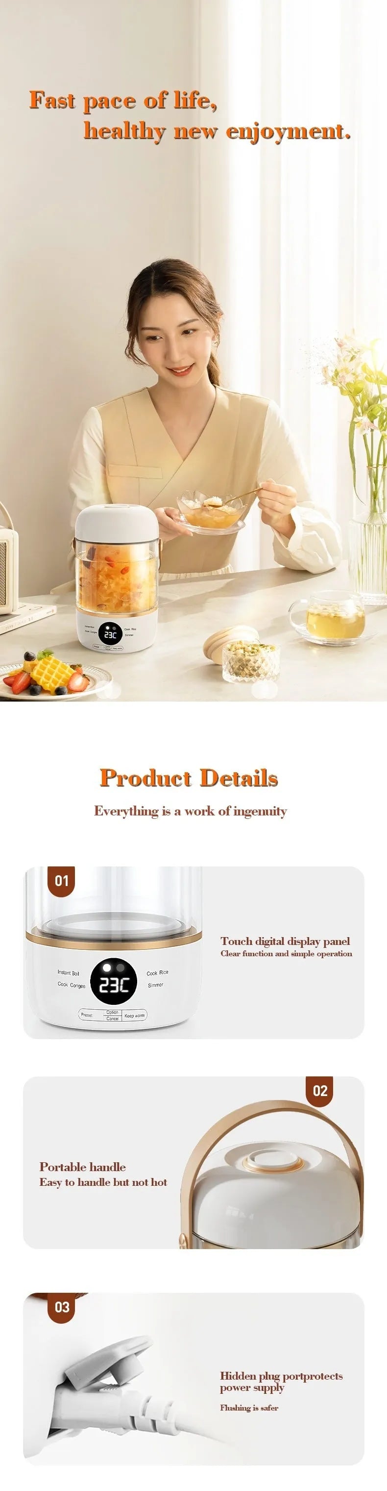 Smart portable electric stew cooker with transparent glass lid showing food inside, on a kitchen counter.