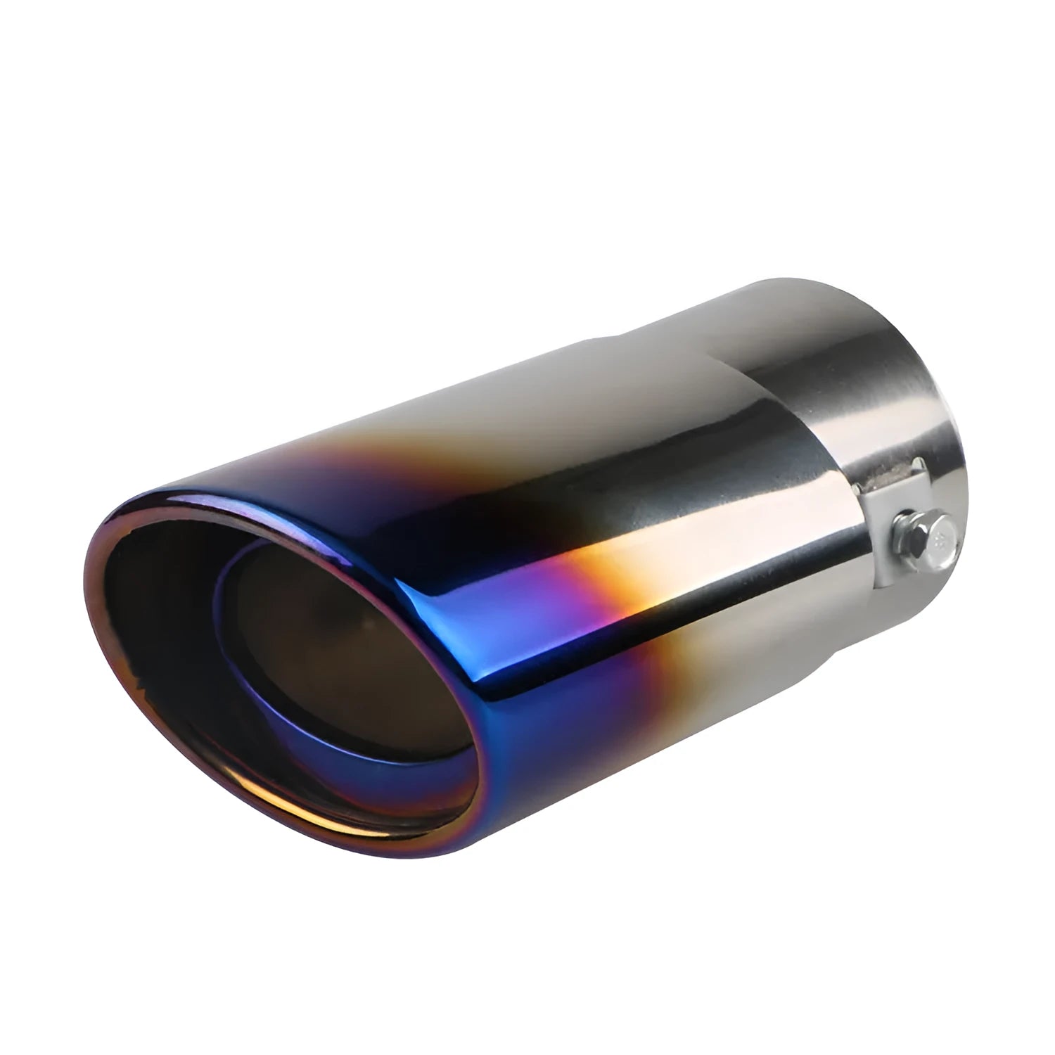 Stainless steel car modification exhaust tailpipe in bright silver and baked blue finishes.