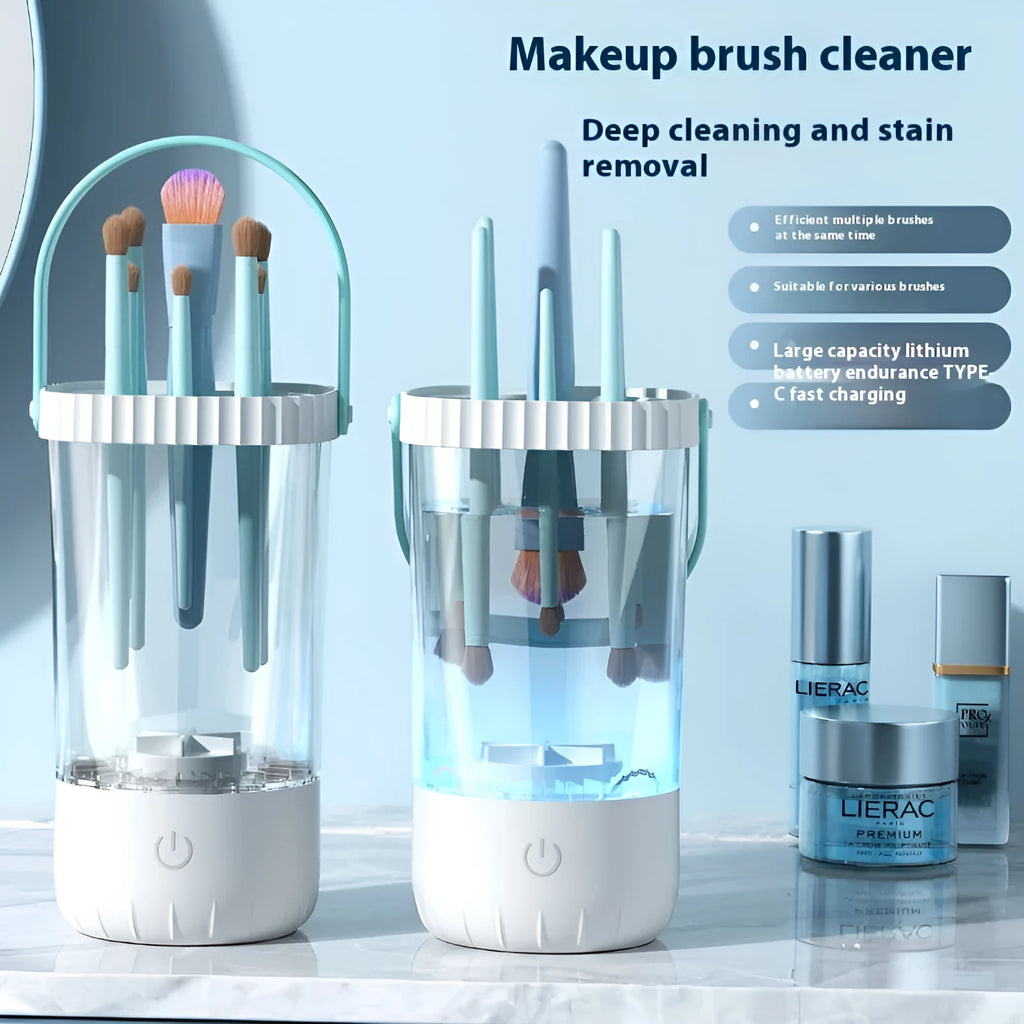 White plastic electric makeup brush cleaner with USB charging cable
