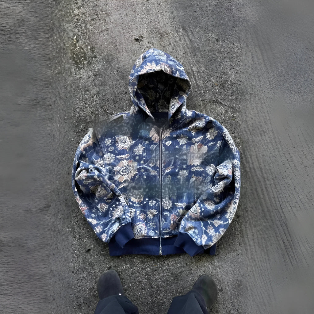 Men's blue loose fit zip hooded coat with digital printing, long sleeves and integrated hood