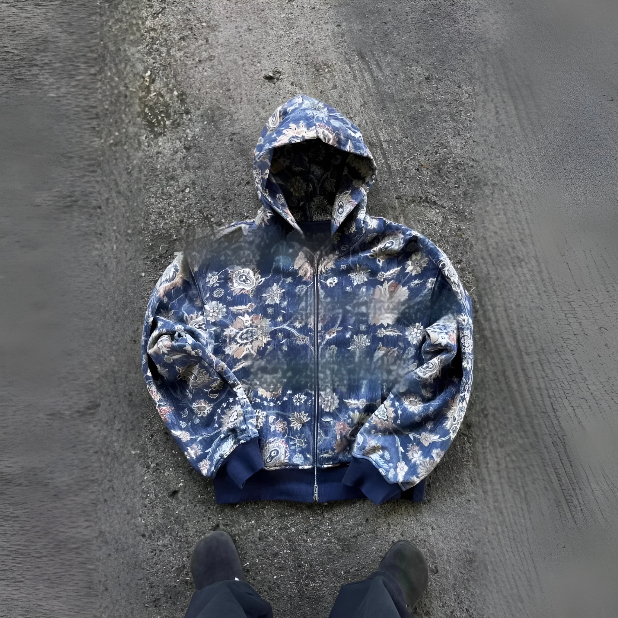 Men's blue loose fit zip hooded coat with digital printing, long sleeves and integrated hood
