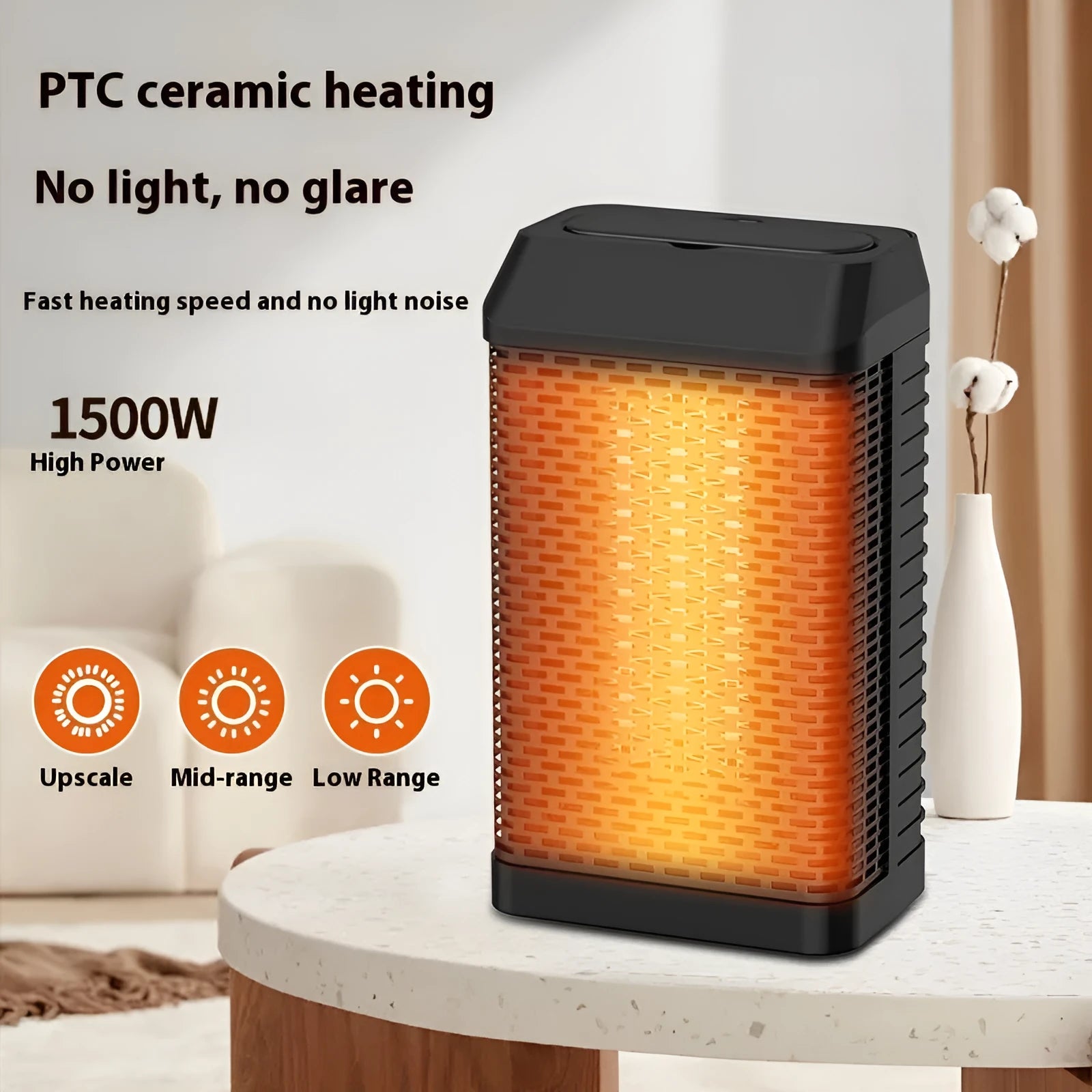 Black desktop electric heater with remote control, showing front knob and compact size for desk use