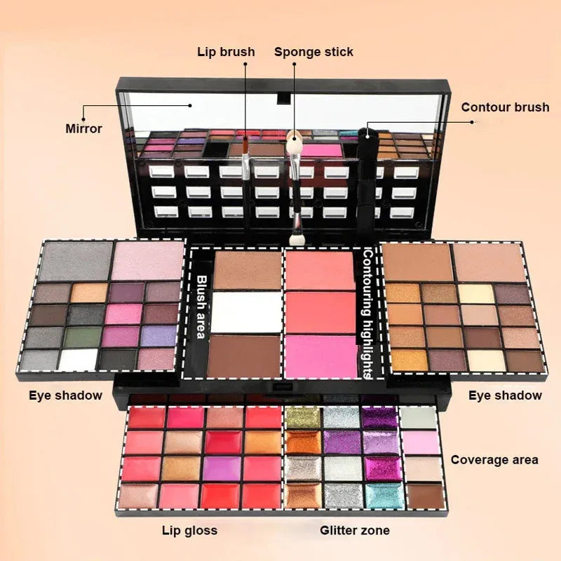 74 colour makeup palette open showing eyeshadows, lip glosses, and face powders with brushes