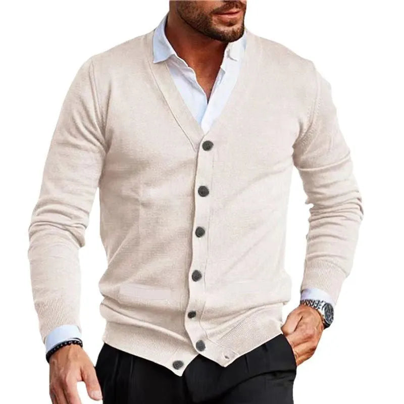Men's slim fit acrylic cardigan sweater in dark grey, shown on a model.