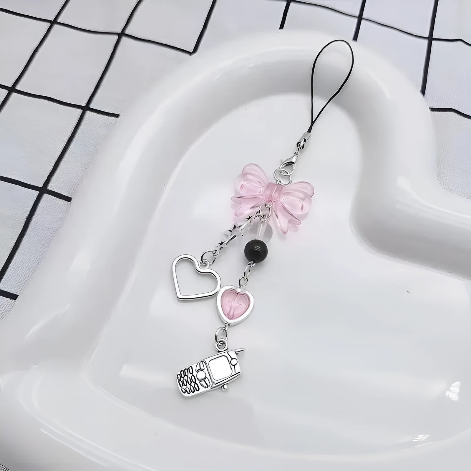 Cute alloy electroplated mobile phone charm bag chain with bear piglet pendant and bow love phone decoration