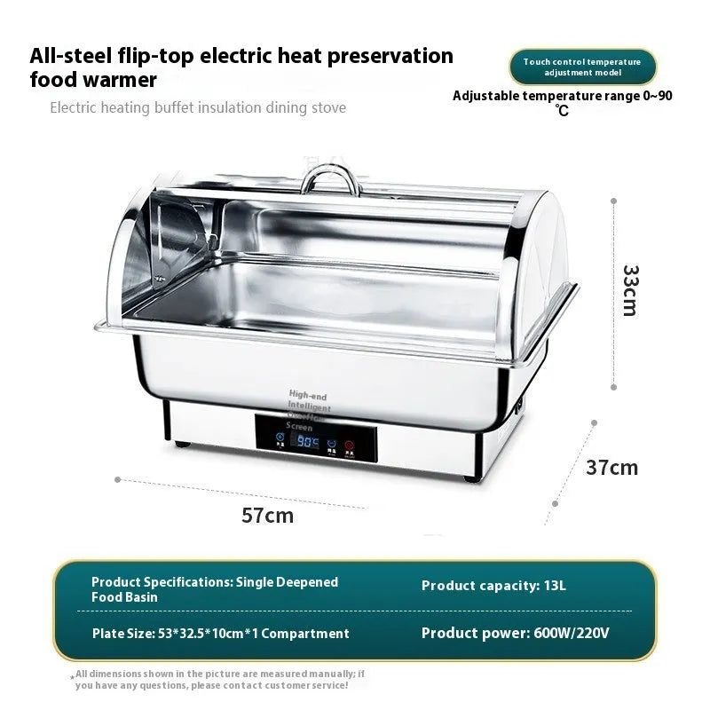 Stainless steel electric buffet stove with transparent flip lid showing food inside, LCD temperature display