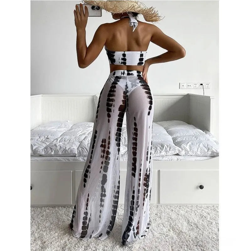 Three-piece swimsuit bikini set with mesh trousers in printing design for women's swimming and fitness