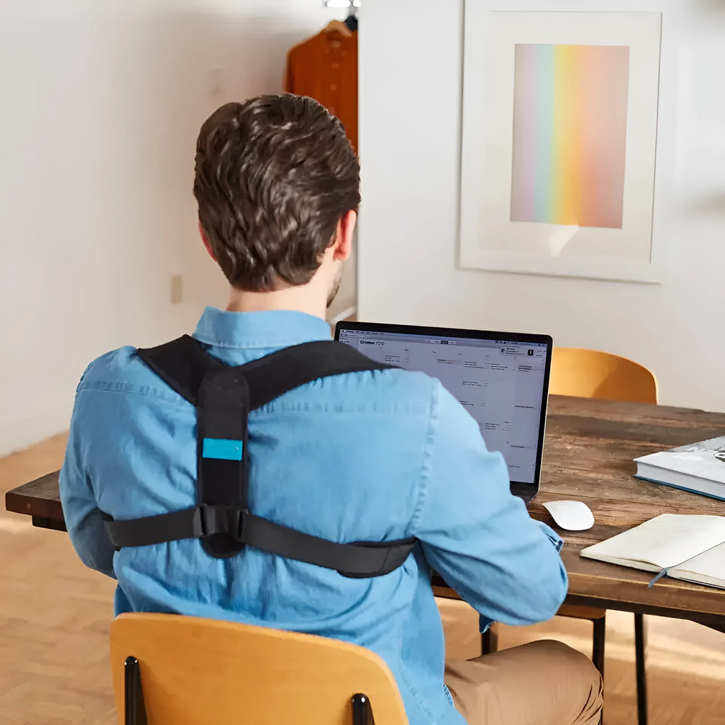 Black elastic adjustable posture correction strap laid flat on a white background.
