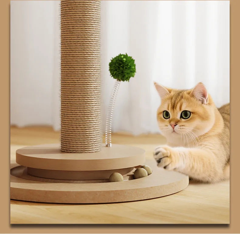 Vertical cat climbing frame with hemp rope scratching posts in a natural canna colour finish.